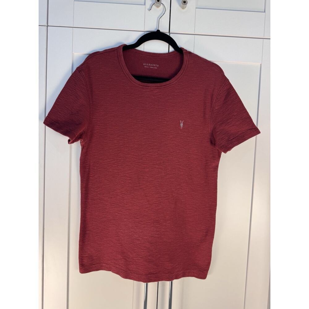 All Saints Men’s Ribbed Stretch Thick Short Sleeve Red Logo Shirt Sz S Designer